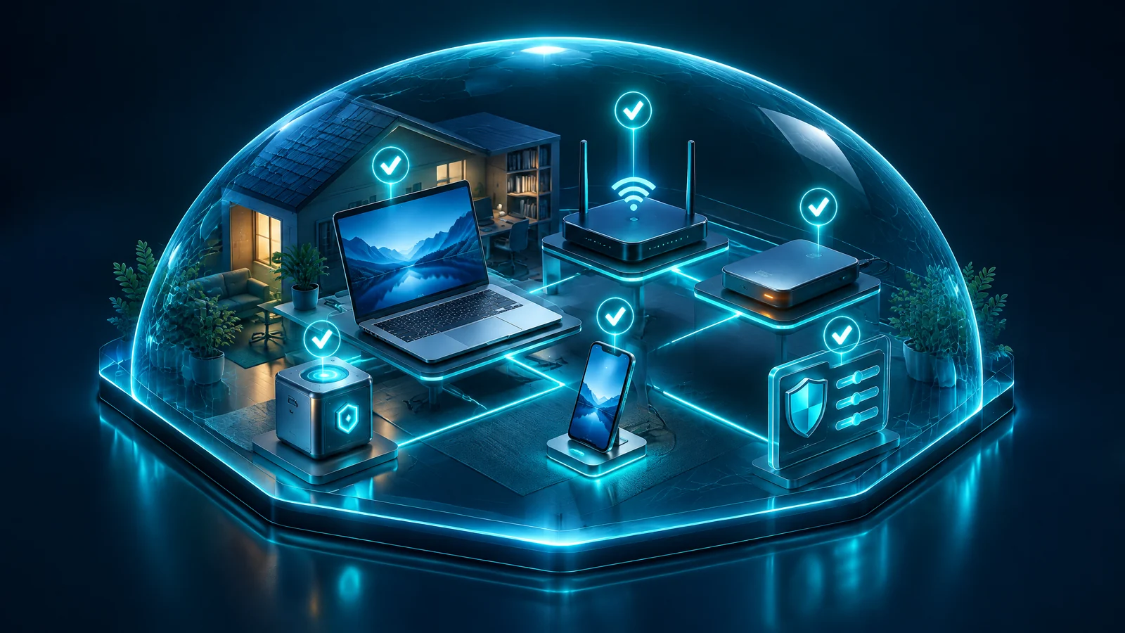 Home and small-office devices protected by a transparent security dome with verified account, network, update, and backup controls