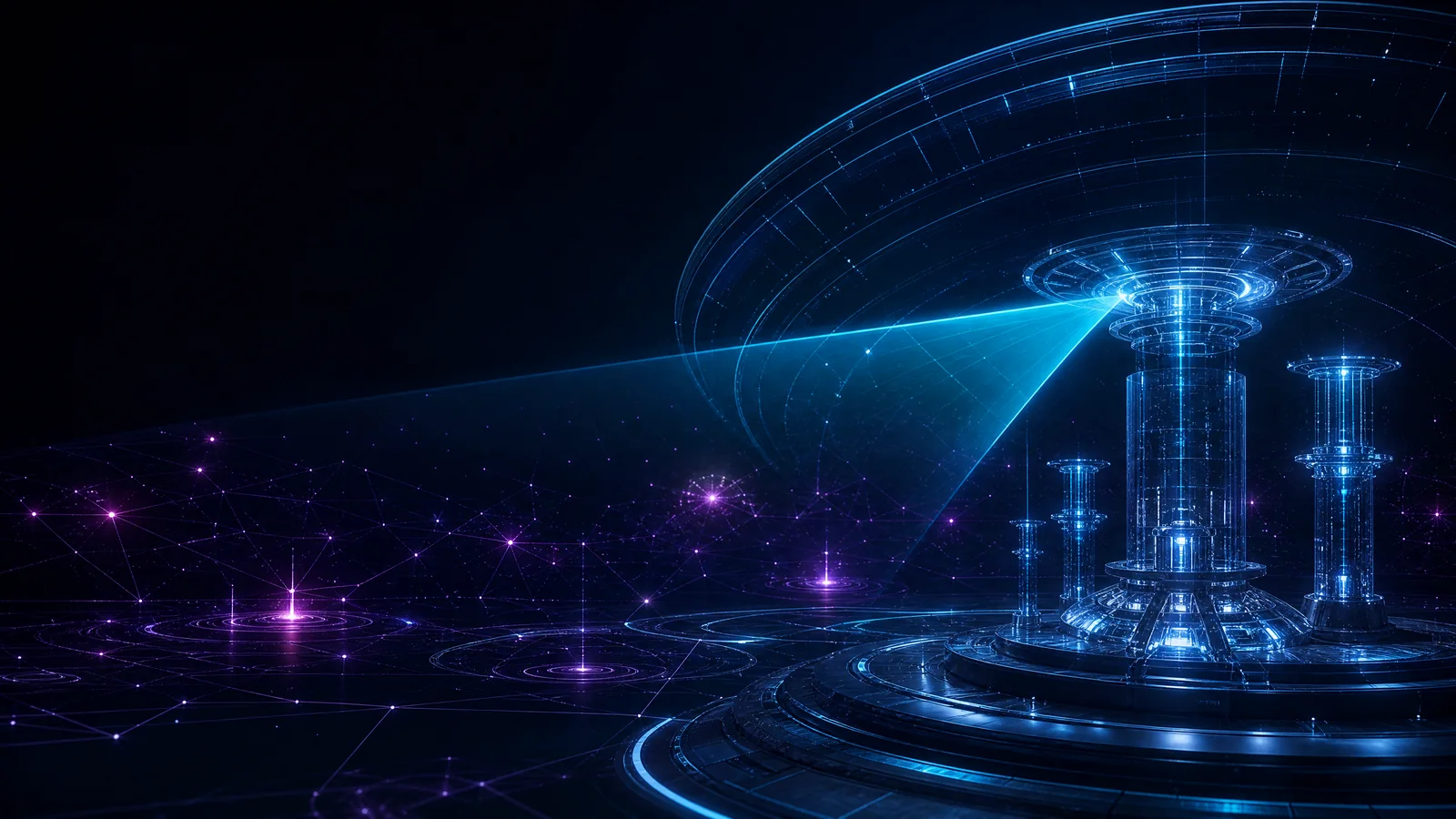 Panoramic cybersecurity observatory scanning a field of threat signals